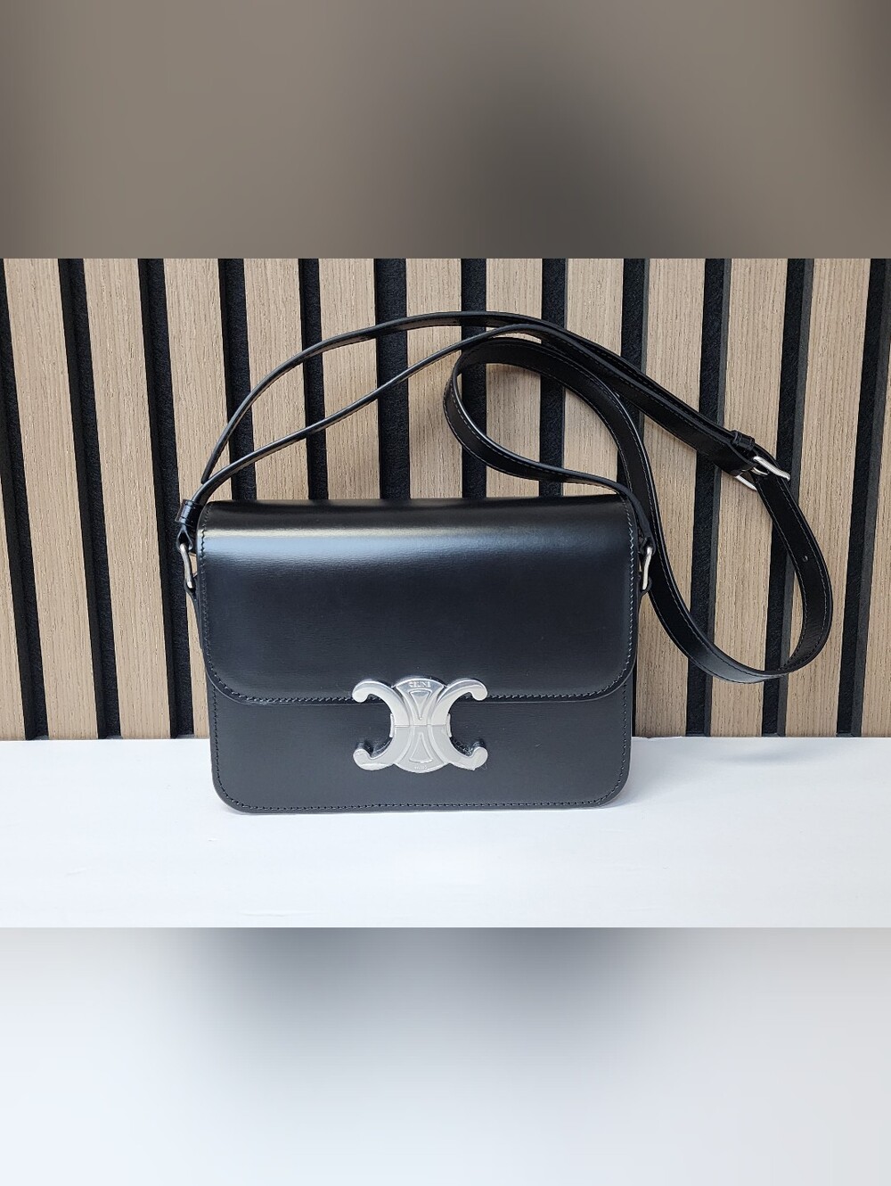 CELINE Teen Triomphe Bag in Shiny Calfskin Black with Silver Hardware New